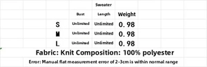 Detailed size chart for women's tassel knit poncho showing S, M, L measurements