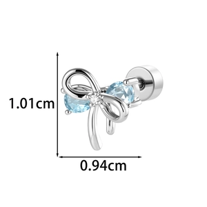 Bow ribbon cartilage stud earrings with blue teardrop stones and white zircon details