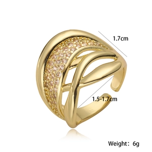 Detail view of gold-plated geometric layered ring with zircon inlay and size measurements