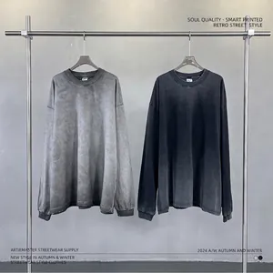 Retro street style charcoal grey faded cotton long sleeve T-shirt with distressed edges