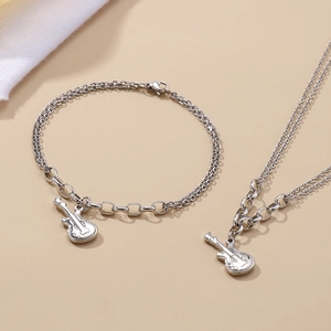 Minimalist stainless steel violin guitar pendant necklace and bracelet jewelry set