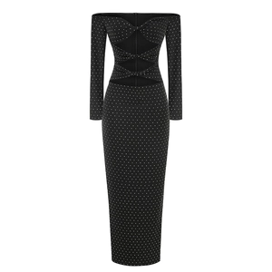 Elegant off-shoulder black polka dot maxi dress with front hollow-out and knot details