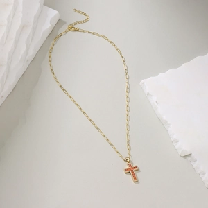 18K gold plated paperclip chain necklace with a zircon-encrusted cross and orange stone