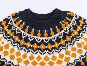 Detailed view of the retro round neck jacquard knit sweater with geometric patterns