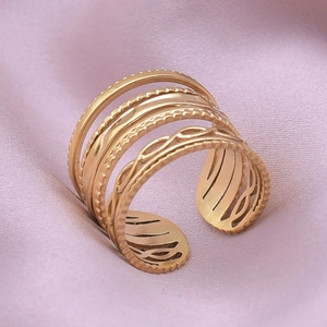 Detail of adjustable gold-plated stainless steel ring with multi-layer geometric textures