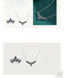 Detailed close-up of S925 sterling silver leaf necklace and ring set with black stones
