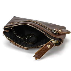 Brown genuine leather coin purse with triple zippers and internal metal keychain ring
