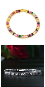 Detail of colorful and black rectangular zircon hand chains with electroplating finish