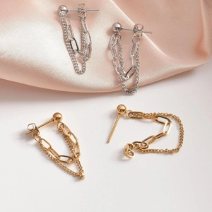 Detail view of double-layered titanium steel chain earrings in gold and silver finish