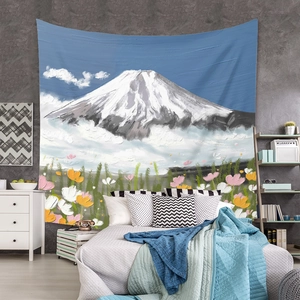 Detailed view of bohemian Mount Fuji tapestry with oil painting style in a cozy bedroom