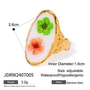 18k gold plated stainless steel ring with real dried flowers and adjustable band