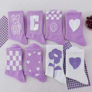 Set of 8 purple and white cotton crew socks with cartoon bear and heart patterns