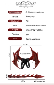 Détails d'un costume d'ailes et queue de dragon rouge en PU pour enfant avec dimensions