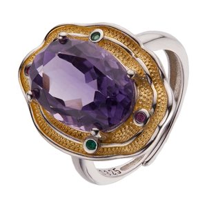 Macro shot of S925 engraving on natural amethyst ring with gold texture and colorful gems