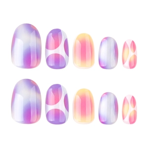 Short round gradient press-on nails set with purple and pink marble dots pattern