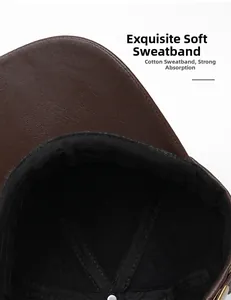 Close-up of winter faux leather baseball cap showing sweat-absorbent cotton inner band
