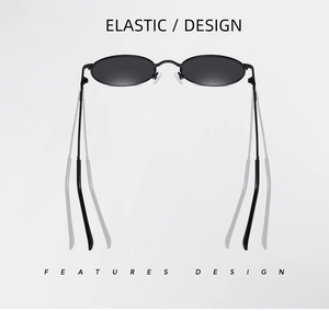 Detail einer schwarzen ovalen Metallsonnenbrille mit flexiblen, elastischen Bügeln