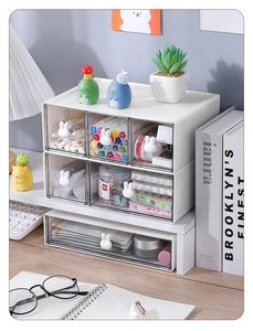 Detail of white desktop organizer with six-grid drawers and cute rabbit-shaped handles