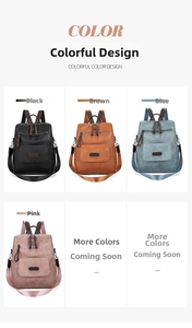 Multi-angle views of high-capacity PU leather backpacks in black, brown, blue, and pink
