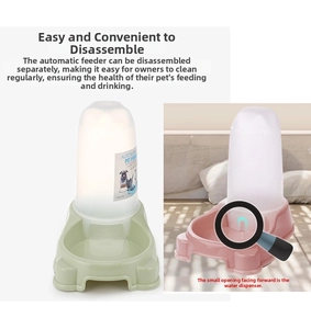 Detail view of pink and green automatic pet waterer and feeder made of PP plastic