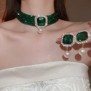 Elegant Multi Layer Faux Artificial Pearl Choker Necklace With Square Crystal And Rhinestone Pendant Vintage Retro Jewelry For Women