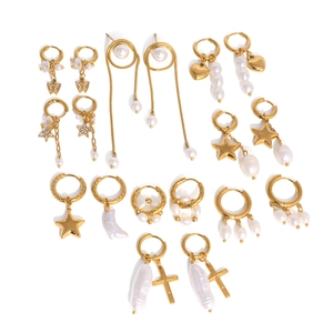 Golden earrings collection featuring 18K gold plating with baroque pearls and assorted charms