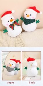 Front and back detail of plush Christmas snowmen with scarves and suction cups