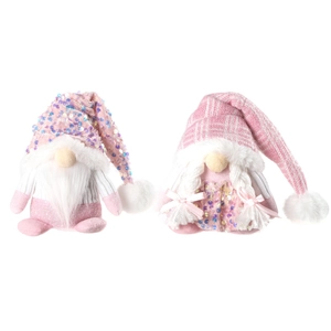 Pink sequined Christmas gnome plush figurines with knit hats and white faux fur beards set