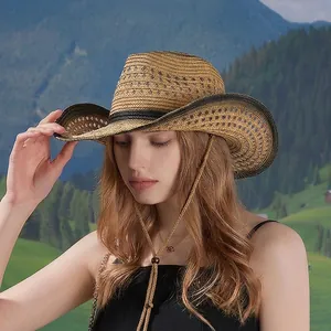 Western Cowboy Hat Straw Woven Sun Protection Breathable Adjustable Wind Rope Vintage Jazz Style Women Summer Beach