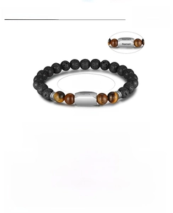 Detail of beaded men's bracelet with volcanic stone and customizable steel bar