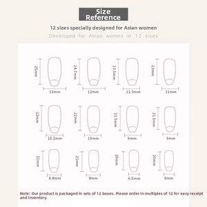 Detailed size chart showing 12 different dimensions for burgundy glitter press-on nails