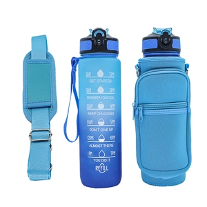 Detail of blue gradient water bottle with time markers and adjustable strap sleeve