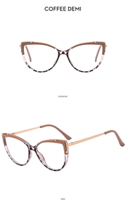 Detail view of coffee demi cat-eye blue light blocking glasses with gold metal temples