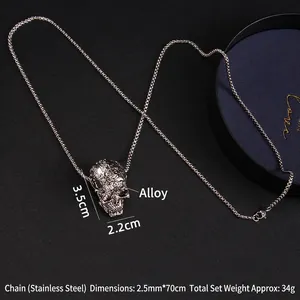 Gothic skull pendant necklace with stainless steel chain and vintage alloy metal details