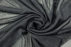 Detailed macro view of black fine mesh fabric texture with elegant pleats and sheer finish