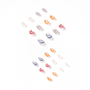 Artistic wavy line press-on nails with colorful abstract patterns on translucent base