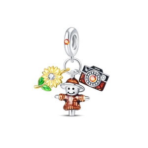Abalorio de plata para pulsera con girasol, espantapájaros y cámara de fotos