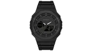 Waterproof matte black sports watch with octagonal bezel and dual digital-analog display