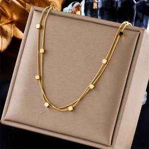 Double-layer gold stainless steel snake chain necklace with square bead accents