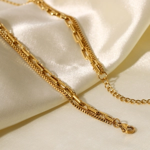 Retro 18K gold plated stainless steel layered paperclip and box chain necklace for women