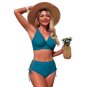Two-piece lake blue bikini with twist knot top and side cutout high-waist bottoms