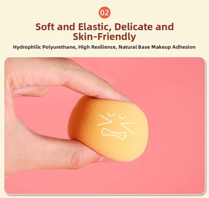 Detail of soft high-resilience orange makeup sponge with a minimalist closed-eye face design