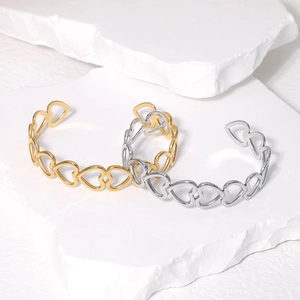 Minimalist gold and silver heart-shaped hollow open bangles in stainless steel metal