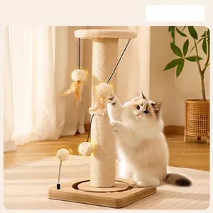 Vertical sisal cat scratching post with 4 interactive balls and solid wood base