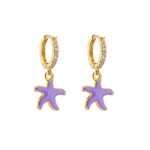 Detail of gold starfish earrings with purple enamel coating and micro-set zircon crystals