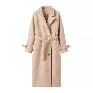 Elegant beige lamb wool long coat for women with metal waist buckle and slim fit design