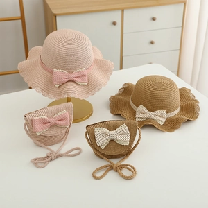 Kids woven straw sun hat and handbag set with sweet polka dot bow and lace trim