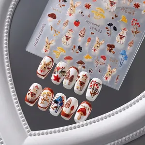 5D Relief Nail Art Stickers Autumn Forest Bunny Mushroom Leaves Self Adhesive Embossed Manicure Decoration For Women