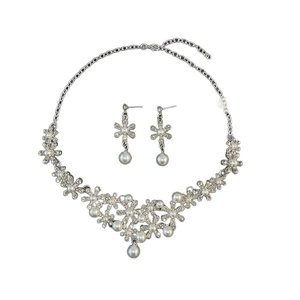 Silver flower jewelry set featuring pearl accents and crystal petals on white background