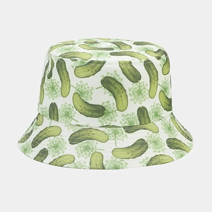 Close-up of white bucket hat with green pickle and dill flower all-over print